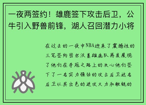 一夜两签约！雄鹿签下攻击后卫，公牛引入野兽前锋，湖人召回潜力小将